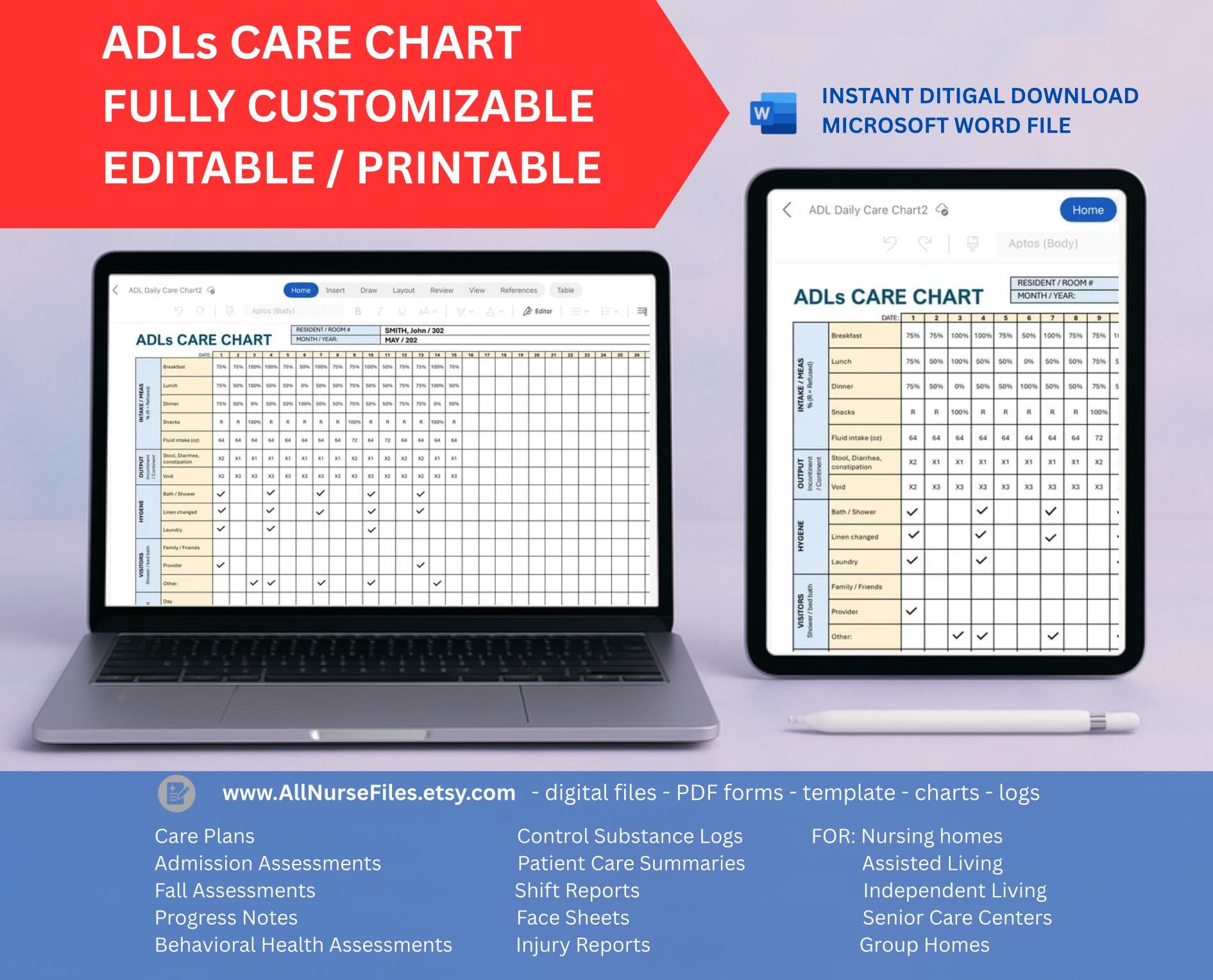 ADLデイリーケアチャート - 編集可能な高齢者ケアトラッカー（デジタルダウンロード） - Etsy 日本
