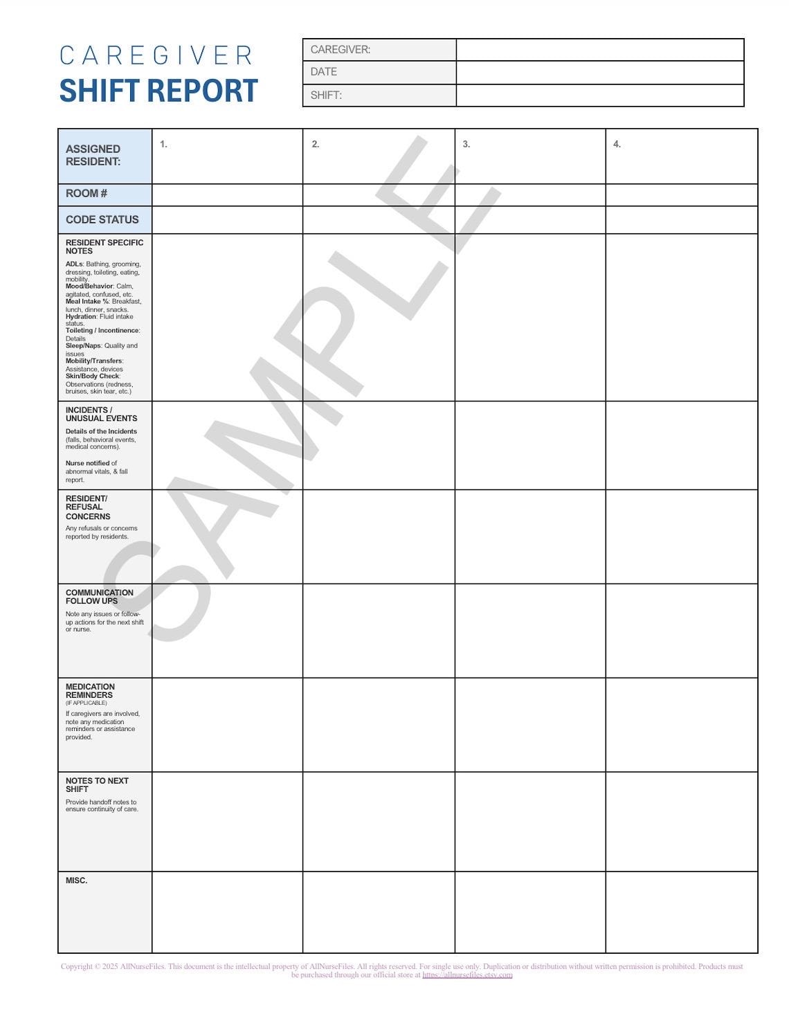 Shadow Shift Form.pdf Caregiver Shift Report 4 Patient Template, Printable PDF File, - Etsy