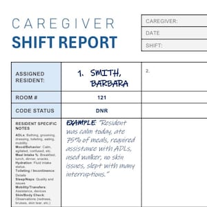 Caregiver Shift Report Template | Printable Daily Resident Log for Assisted Living, Nursing Homes, Home Care, Senior Care Staff
