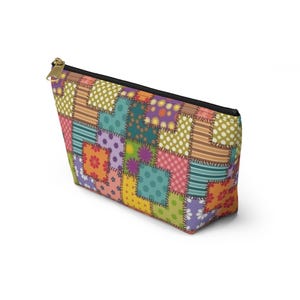 Colorful Patchwork Pattern Accessory Pouch | T-Bottom Makeup Bag image 15