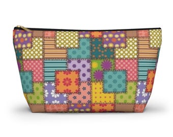 Colorful Patchwork Pattern Accessory Pouch | T-Bottom Makeup Bag