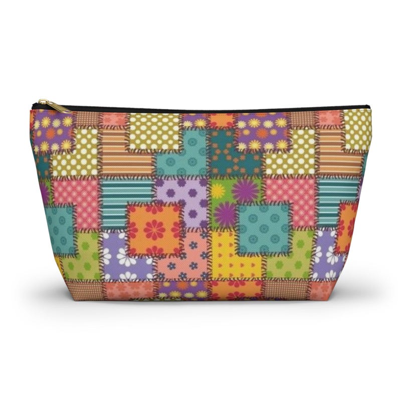 Colorful Patchwork Pattern Accessory Pouch | T-Bottom Makeup Bag image 1