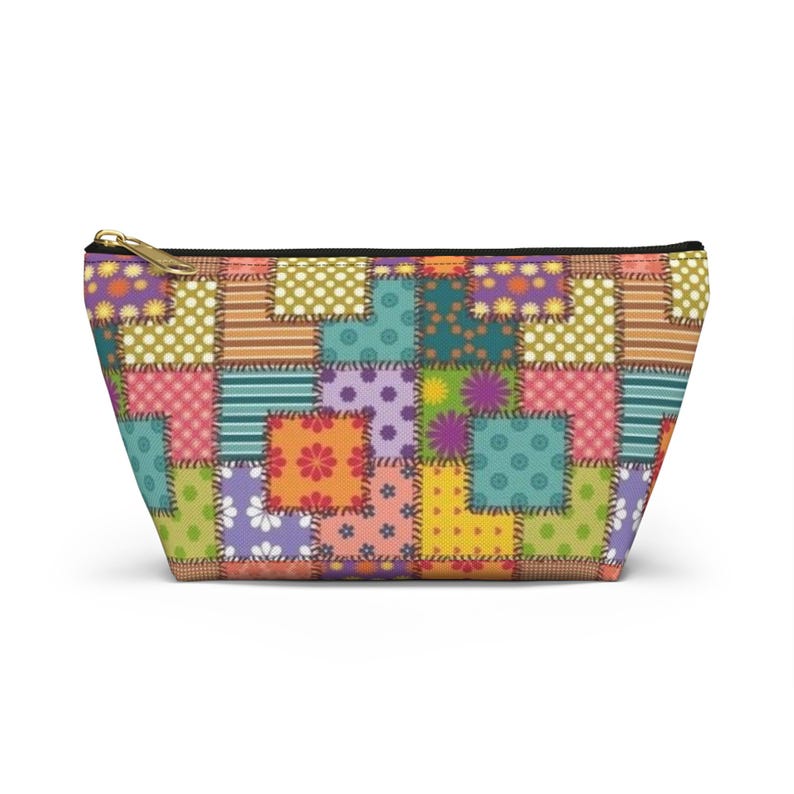 Colorful Patchwork Pattern Accessory Pouch | T-Bottom Makeup Bag image 13