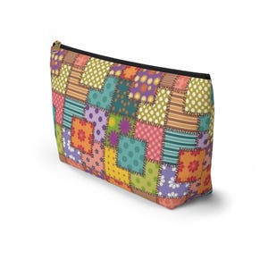 Colorful Patchwork Pattern Accessory Pouch | T-Bottom Makeup Bag image 4