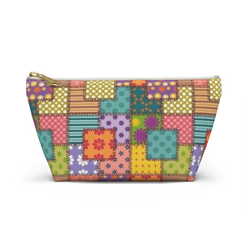 Colorful Patchwork Pattern Accessory Pouch | T-Bottom Makeup Bag image 19