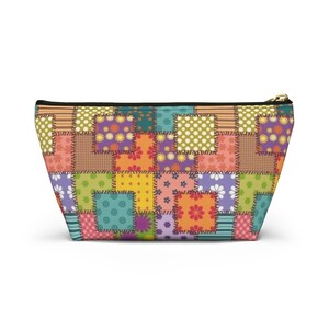 Colorful Patchwork Pattern Accessory Pouch | T-Bottom Makeup Bag image 14