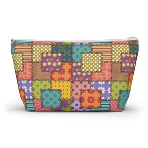Colorful Patchwork Pattern Accessory Pouch | T-Bottom Makeup Bag image 8