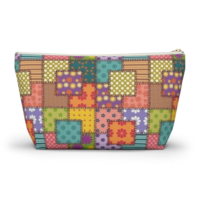 Colorful Patchwork Pattern Accessory Pouch | T-Bottom Makeup Bag image 8