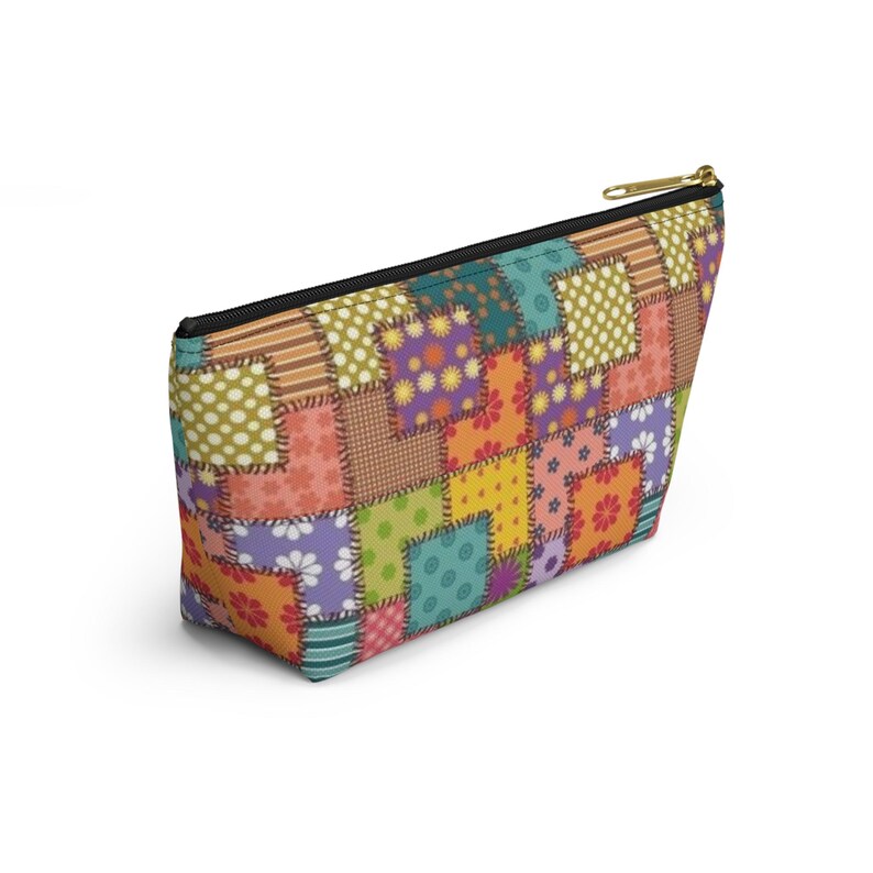 Colorful Patchwork Pattern Accessory Pouch | T-Bottom Makeup Bag image 16