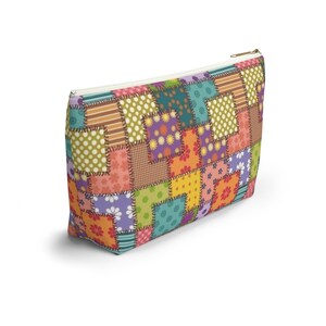 Colorful Patchwork Pattern Accessory Pouch | T-Bottom Makeup Bag image 10