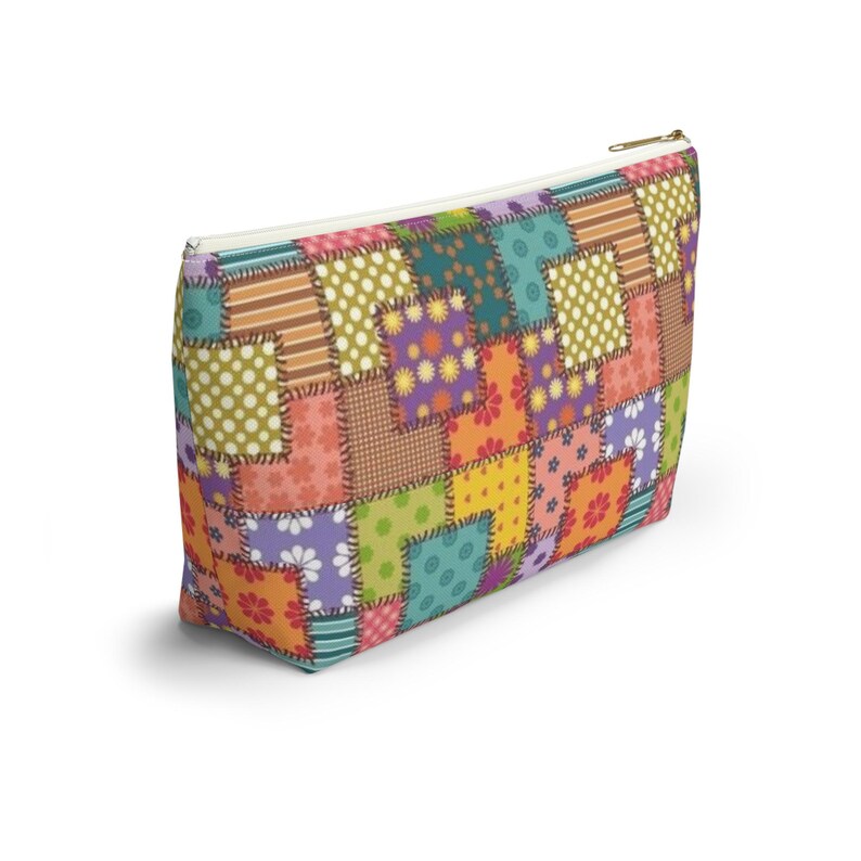 Colorful Patchwork Pattern Accessory Pouch | T-Bottom Makeup Bag image 10
