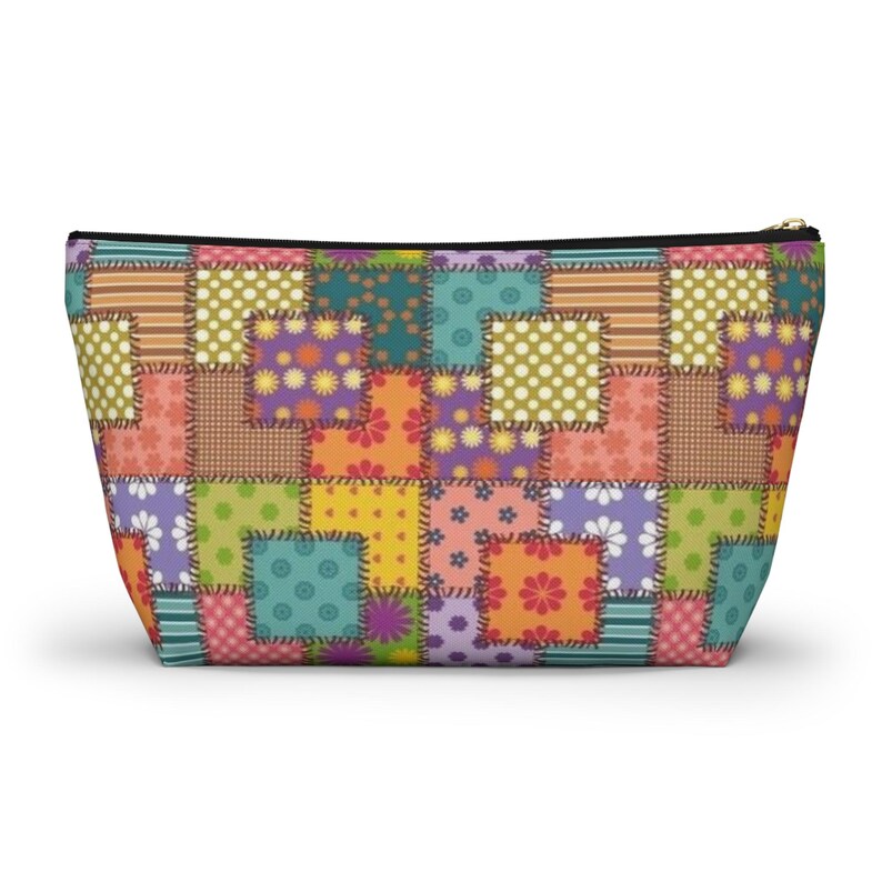 Colorful Patchwork Pattern Accessory Pouch | T-Bottom Makeup Bag image 3
