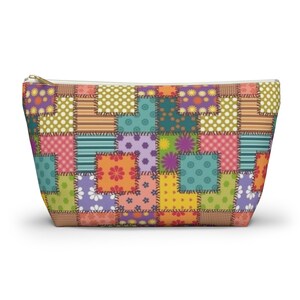 Colorful Patchwork Pattern Accessory Pouch | T-Bottom Makeup Bag image 7
