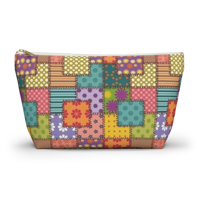 Colorful Patchwork Pattern Accessory Pouch | T-Bottom Makeup Bag image 7