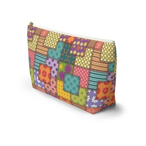 Colorful Patchwork Pattern Accessory Pouch | T-Bottom Makeup Bag image 9