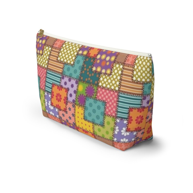 Colorful Patchwork Pattern Accessory Pouch | T-Bottom Makeup Bag image 9