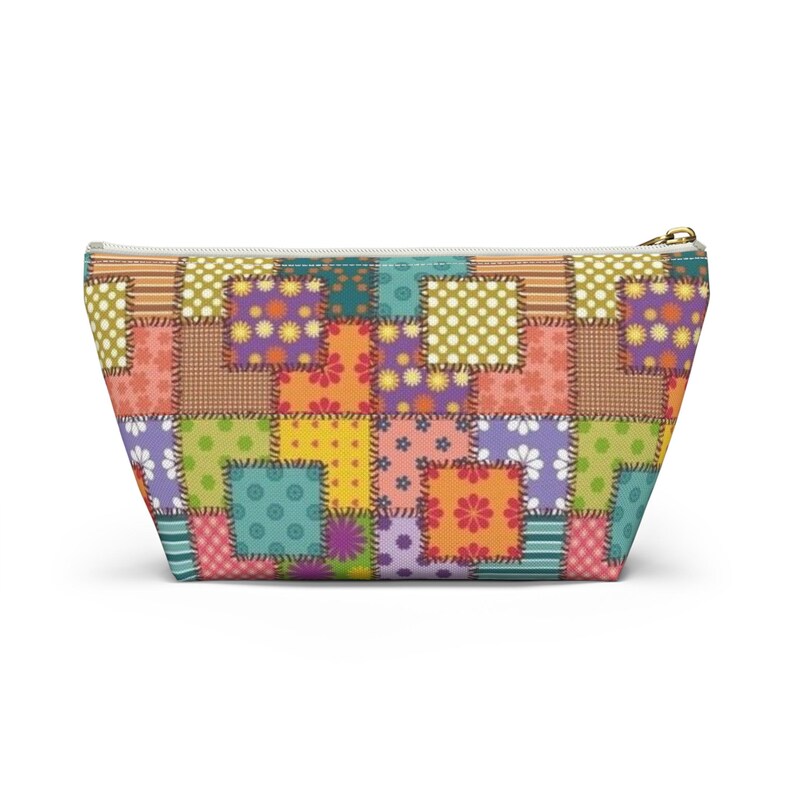 Colorful Patchwork Pattern Accessory Pouch | T-Bottom Makeup Bag image 20