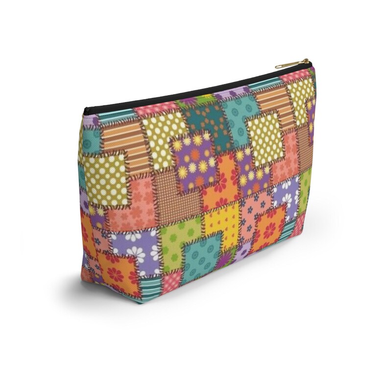 Colorful Patchwork Pattern Accessory Pouch | T-Bottom Makeup Bag image 5