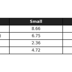 May include: A black and white table displaying product dimensions. The table shows measurements for "Small" and "Large" sizes, including top length, bottom length, width, and height, all in inches.