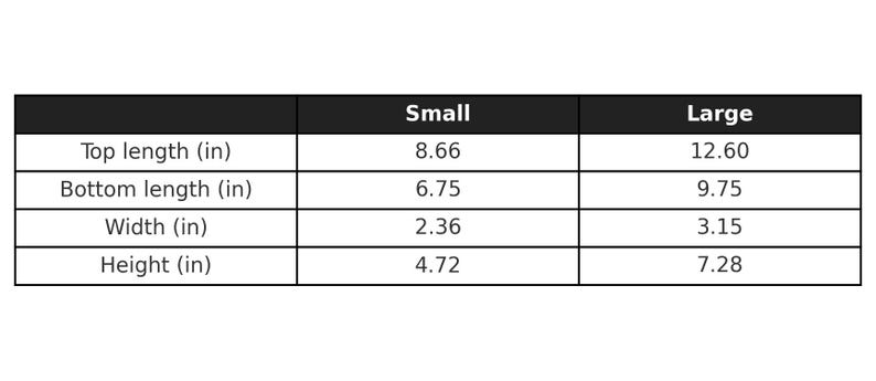 May include: A black and white table displaying product dimensions. The table shows measurements for "Small" and "Large" sizes, including top length, bottom length, width, and height, all in inches.