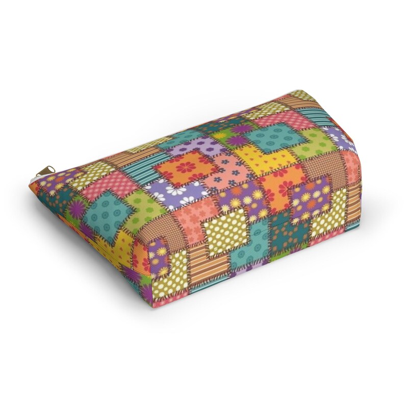 Colorful Patchwork Pattern Accessory Pouch | T-Bottom Makeup Bag image 11