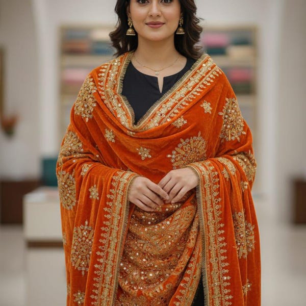 Winter Velvet Shawl | Digital Brush Print, Mirror Work Dupatta