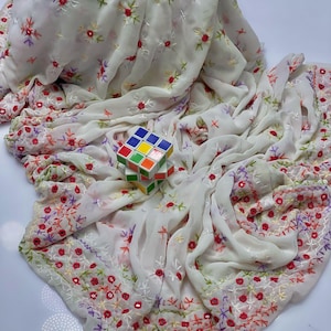 Handmade Multani Embroidered Georgette Chadar | Sindhi Mirror Work Hijab Shawl | Heavy 4-Side Border & Center Embroidery | Ethnic Wrap