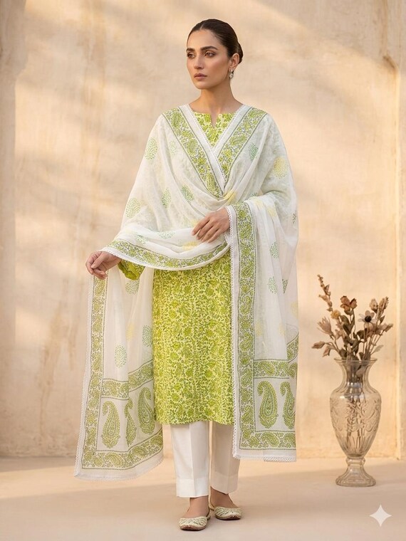 Block Print Shirt With Chiffon Dupatta Pakistani Outfit Lawn Dress