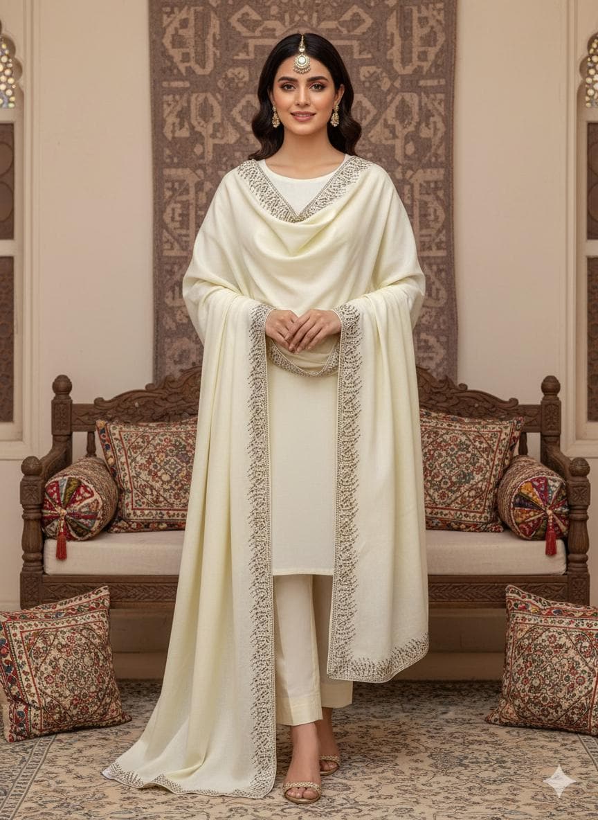 Linen Suit: Pakistani Formal Wear with Stone Work Shawl