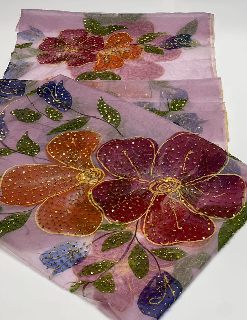 Hand-painted Organza Dupatta With Embroidery, Full Jaal Floral Design ...