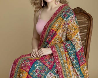 Silk Dupatta – Sheesha Mirror & Sequin, Block Print Eid Shawl