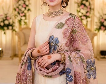 Hand-Painted Organza Dupatta with Embroidery, Full Jaal Floral Design