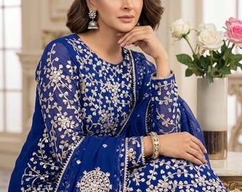 Handmade Chiffon Gotta Work Dress with 4-Sided Border Dupatta | Pakistani Festive Wear Salwar Kameez