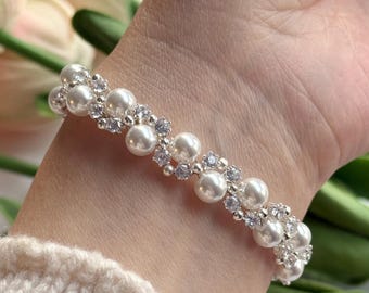 Pearl & Zircon Bracelet: Elegant Bridal Wedding Jewelry, Anniversary, Bridesmaid Bracelet