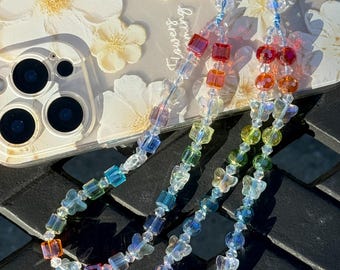 Handmade Rainbow Crystal Beaded Butterfly Phone Strap | Colorful Cube/Round Beads | Shiny Wristlet Strap