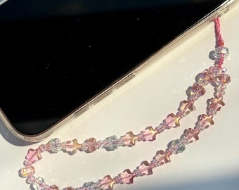 Handmade Beaded Phone Strap:  Iridescent Crystal Glass Star Charm, Wristlet Lanyard, Bag Accessory