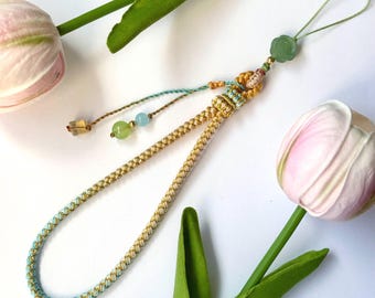 Handmade Phone Strap / Camera Lanyard with Gemstones, Braided Wristlet with Rose Charm #14
