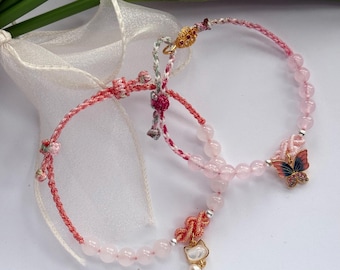 Handmade Rose Quartz or White Jade Bracelet: Gold Cat or Butterfly Charm, Handwoven Adjustable
