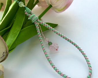 Handmade Mint & Pink Phone Strap, Cat Paw Gemstone Bag Charm with Pure Silver Beads