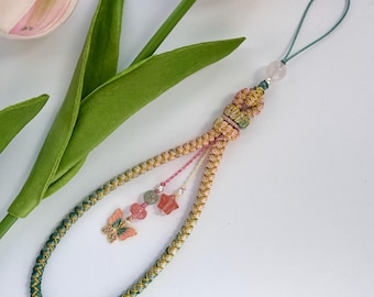 Handmade Phone Strap with Gemstones and Gold-Plated Sterling Silver Butterfly Charm, Wristlet Lanyard #10