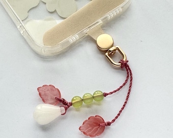 Handmade Jade Magnolia Flower Phone Charm: Gemstone Leaves, Free Universal Connector, Bag Accessories, Keychain