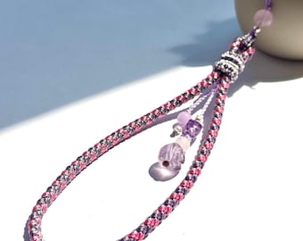 Handmade Woven Wristlet Lanyard: Amethyst Rose, S999 Silver, Purple & Pink