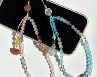 Handmade Gemstone Phone Strap, Aquamarine, Rose Quartz & Pearl, Bag Charm, Keychain