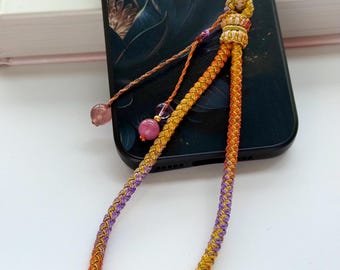 Braided Phone Strap with Gemstones, Handmade Bag Charm Lanyard Purple Orange Red #16
