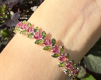 Handmade Floral Zircon Bracelet - Pink & Green Crystal Wedding Jewelry, Anniversary, Bridesmaid Bracelet