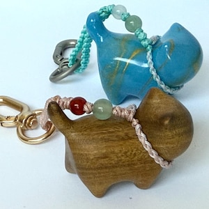 Handmade Wooden Cat Bag Charm Keychain Sandalwood with Handbraided Cord and Gemstone Beads Cute Unique Gift