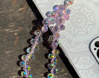 Iridescent Crystal Beaded Phone Strap: Handmade Teardrop Wrist Lanyard