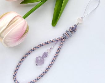 Amethyst Paw Phone Strap: Handwoven Crystal Charm Wristlet, Purple Pink Lanyard with Gemstones