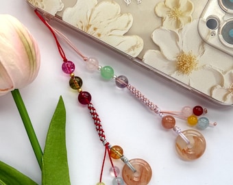 Sakura Agate Phone Charm: Natural Gemstone Keychain Bag Charm with Silver Beads