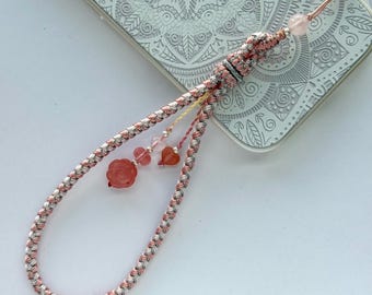 Handmade Crystal Rose Phone Strap: S999 Silver, Watermelon Quartz, Braided Dual-Color Bag Charm Lanyard